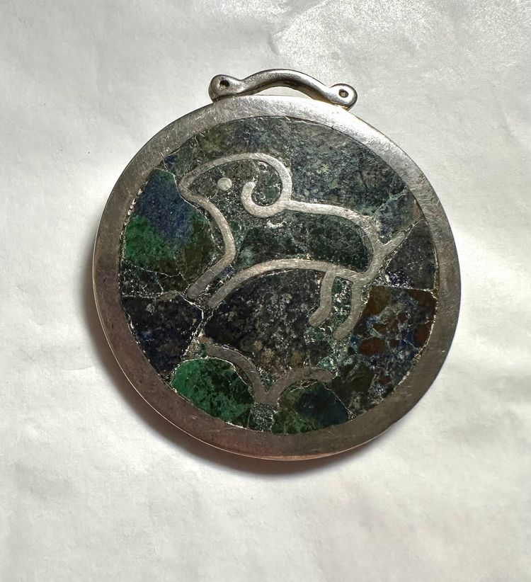 Los Castillo Mosaica Aries Astrological Sign Brooch Mexico Sterling Silver & Stone