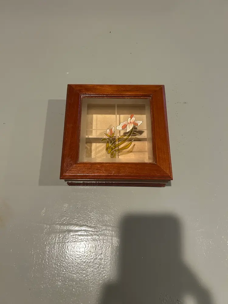 Vintage Wood Jewelry Box With Floral Design. 6 X 6 In H 2.5 In