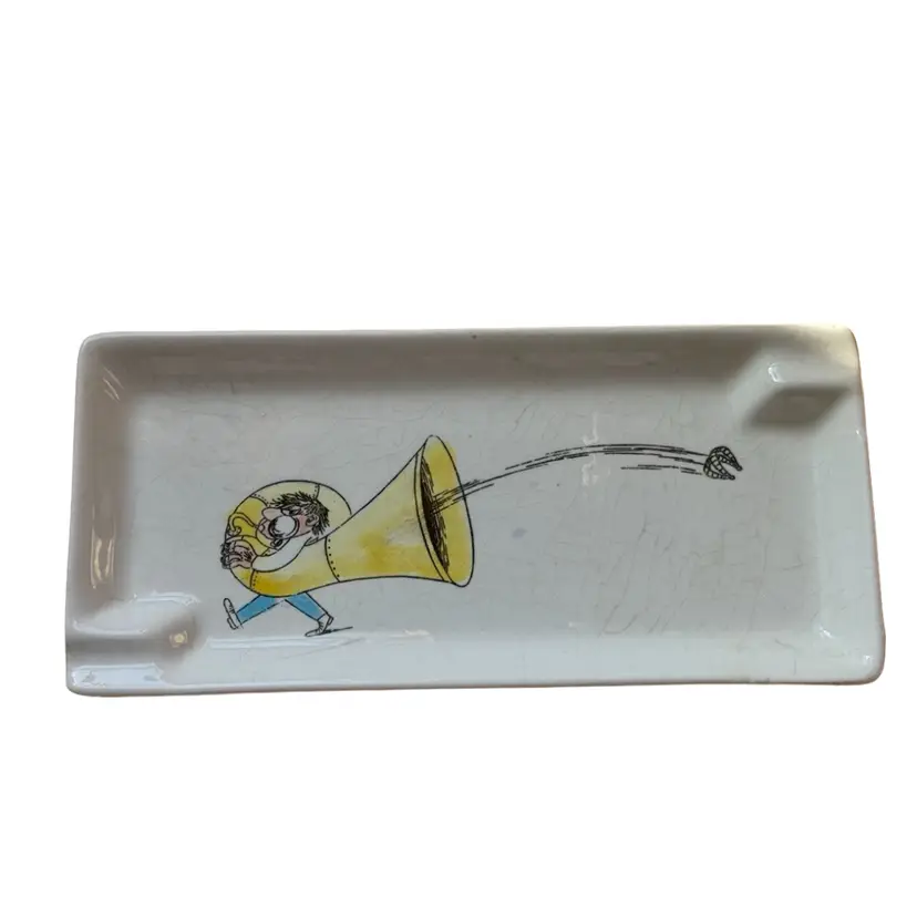 Vintage Ashtray Cliche' Brown Artist Hand-painted To The Guy Blowing Teeth Out trinket dish