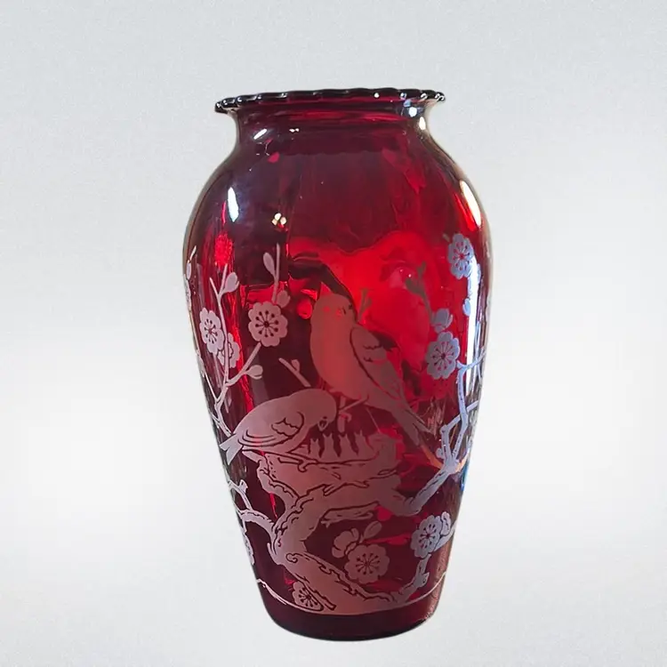 Vintage anchor hocking, royal ruby red glass vase birds in nest tree flowers