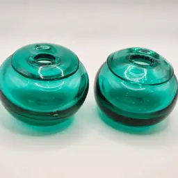 Handblown Glass candle holders vases teal blue set of 2