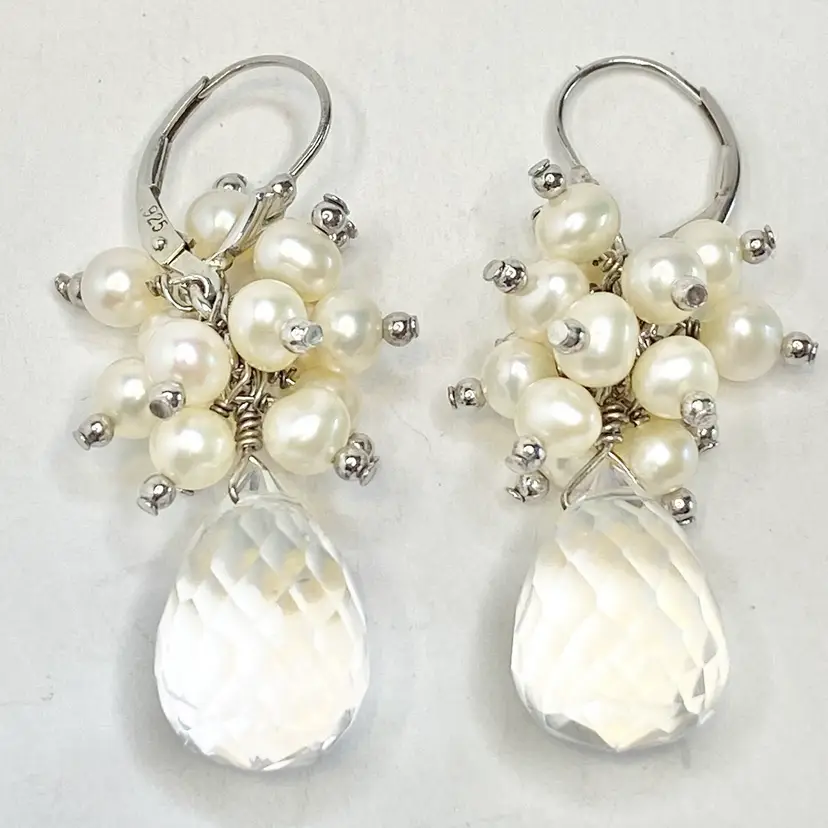 #02 Sterling Silver Pearl Cluster Earrings Clear Quartz Dangle 925 Leverback 1.75"