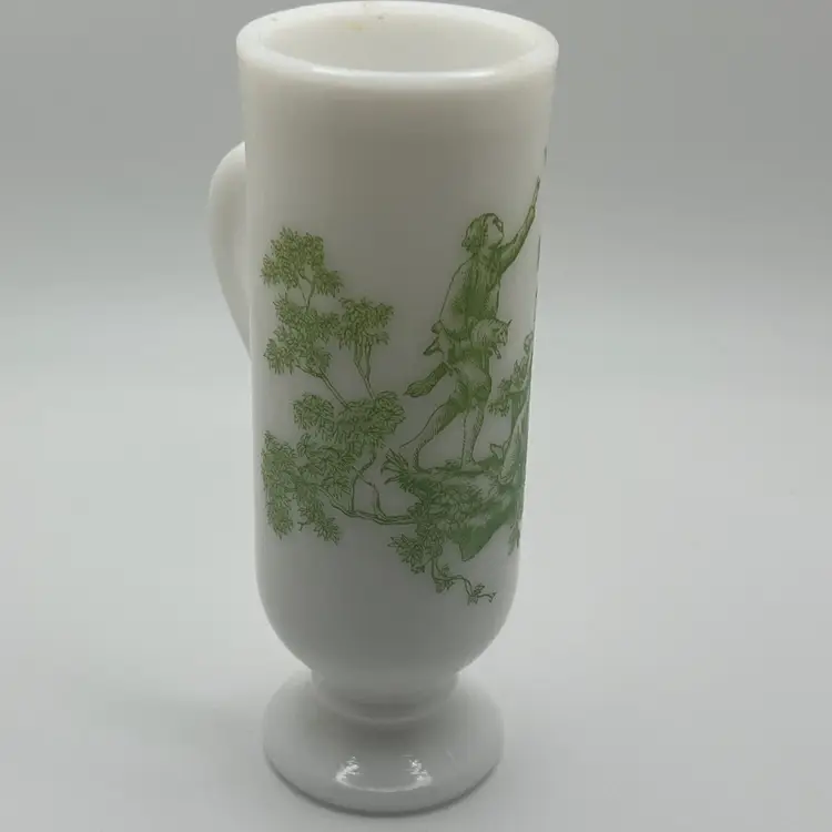 milk glass mug on pedestal green toile design demitasse by Avon cup with handle
