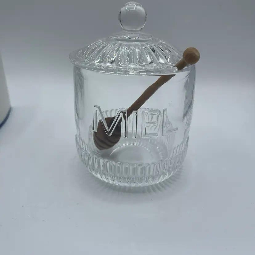 Clear Glass Honey (Miel) Pot With Wooden Drizzle Stick 5.5”