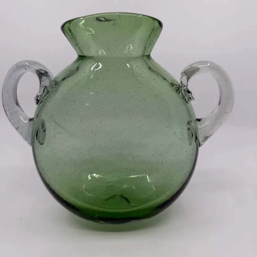 Vintage Green Hand Blown Glass 2 Clear Handles Jug/vase 7”
