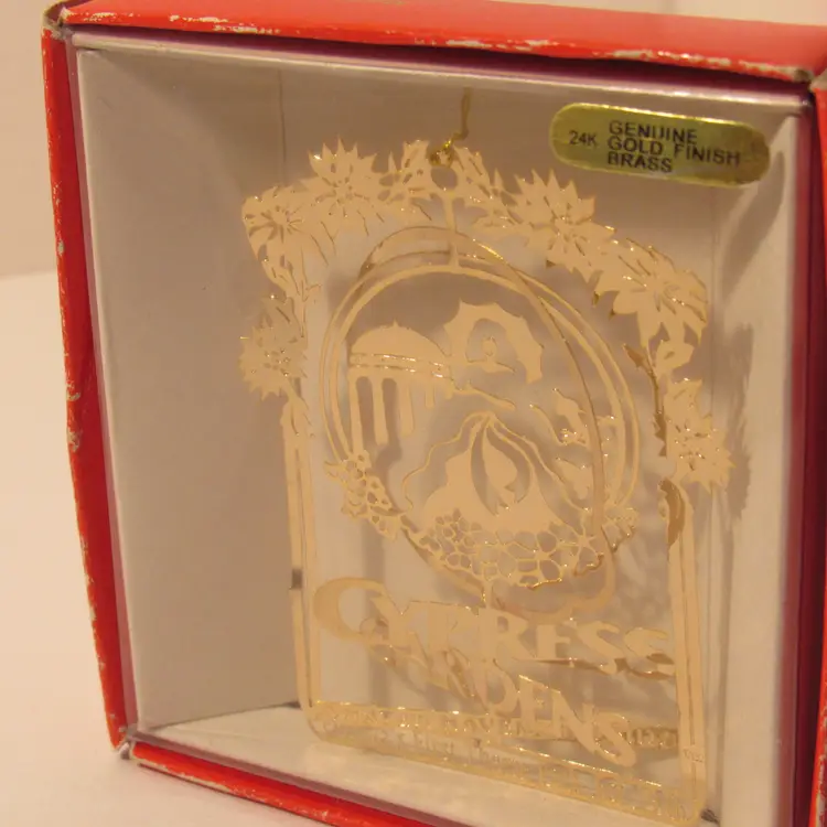 Vintage Cypress Gardens Florida, Commemorative Christmas Ornament 24K Gold Brass