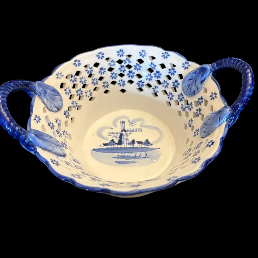 Delft Blue Art Pottery Basket Porcelain Reticulated Two Handled China Blue White