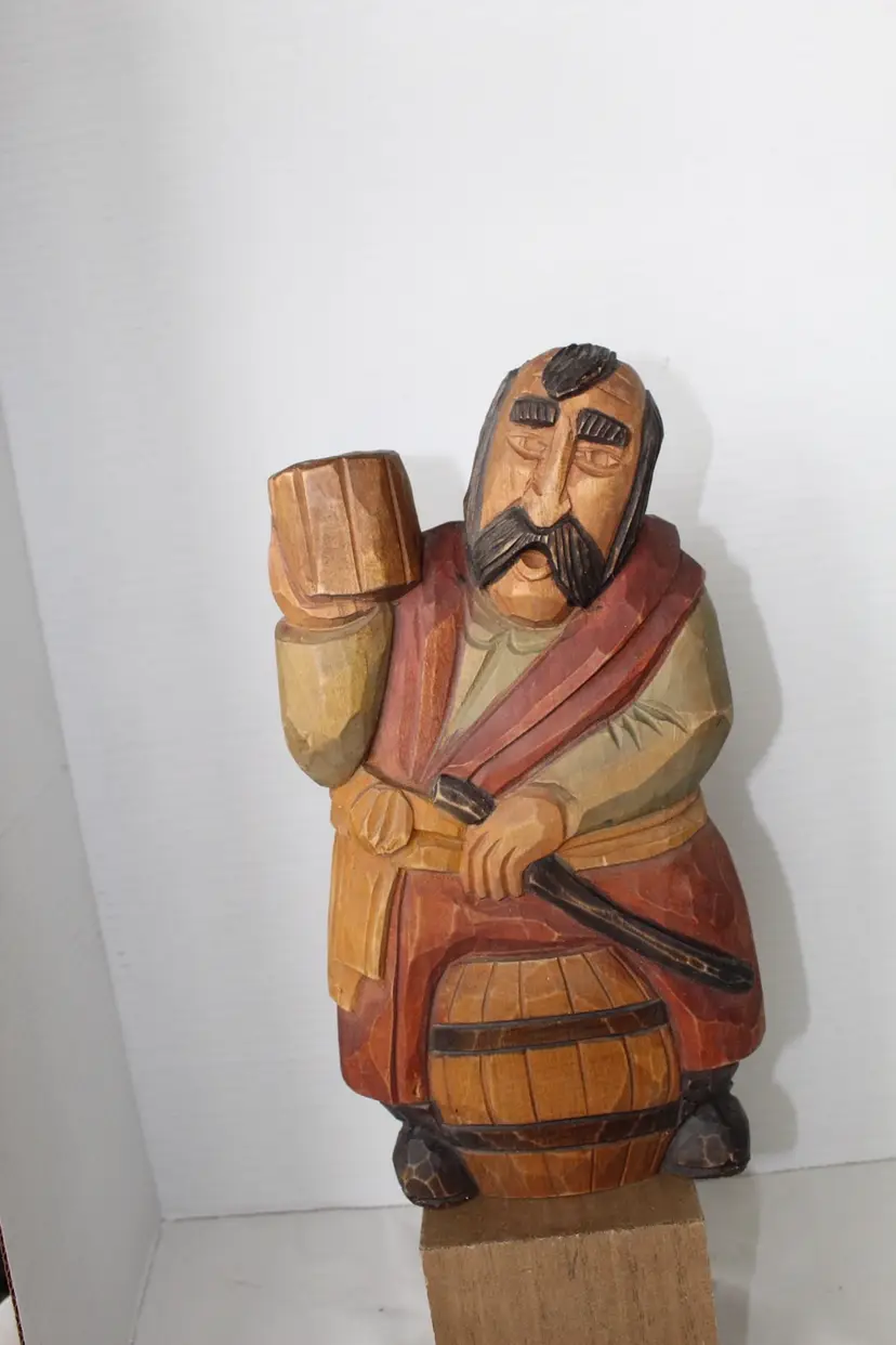 Vintage Myslenice Polish Folk Art 12" Linden Wood Carving Of Peasant