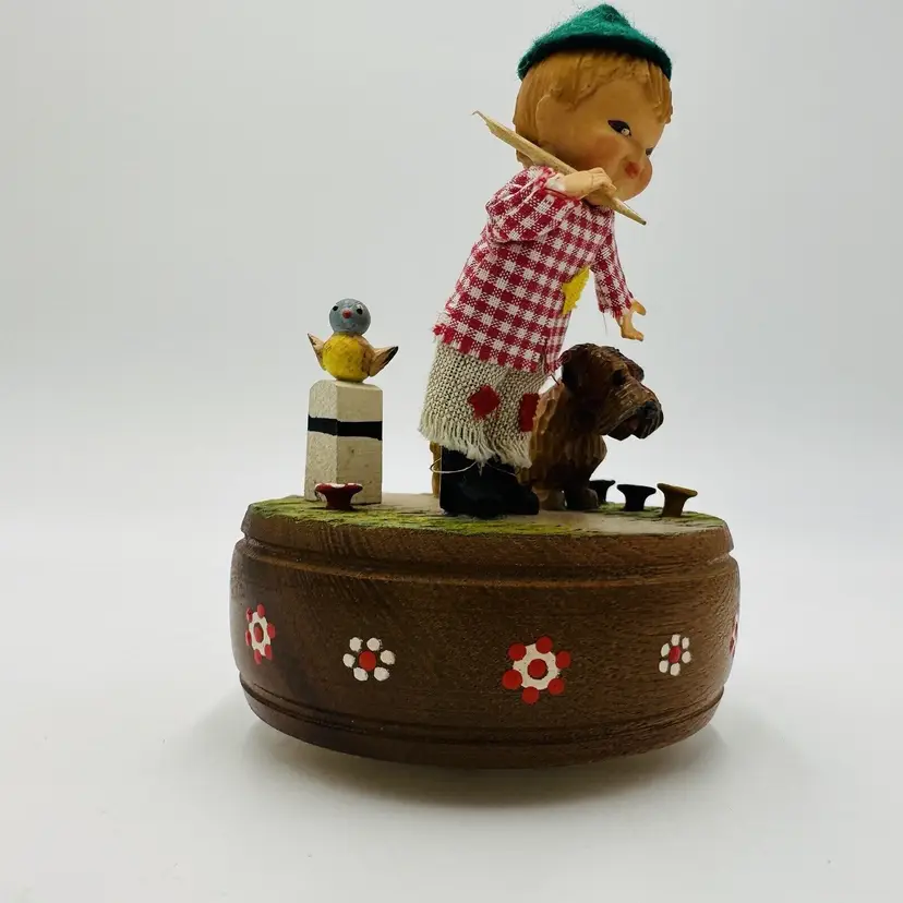 Anri Music Box Plays Edelweiss Works Boy Dog Figurine Wood Carving Vintage 