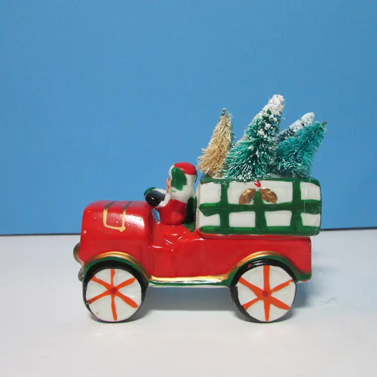 vintage Santa in truck with Christmas trees upcycled decor