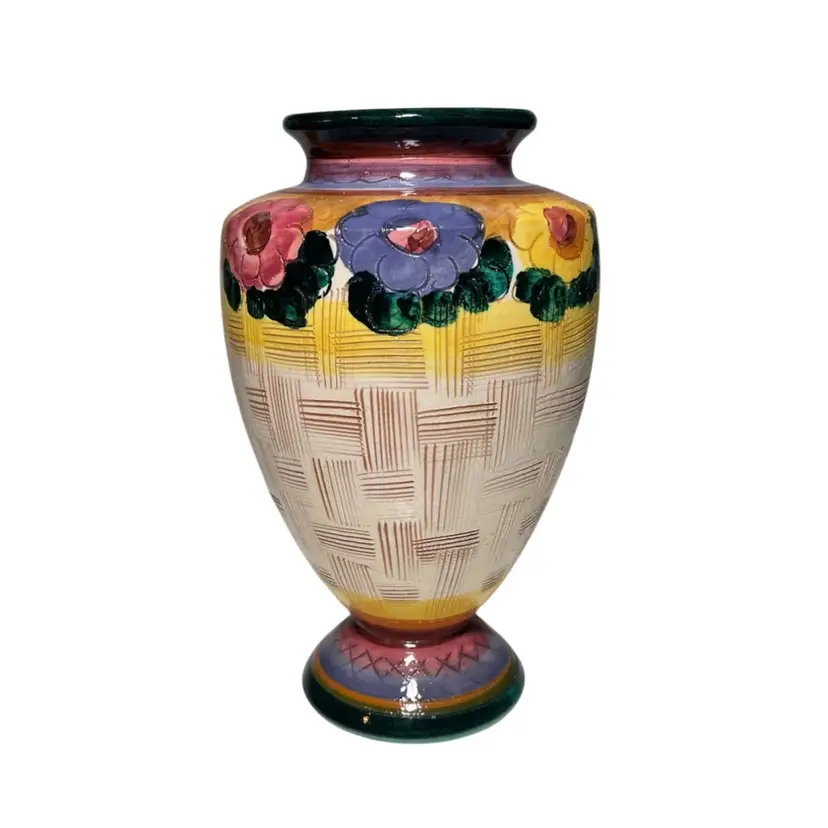 Vintage Midcentury Italian Majolica Sgraffito Pottery Vase Floral Crosshatch Pattern Italy 8"