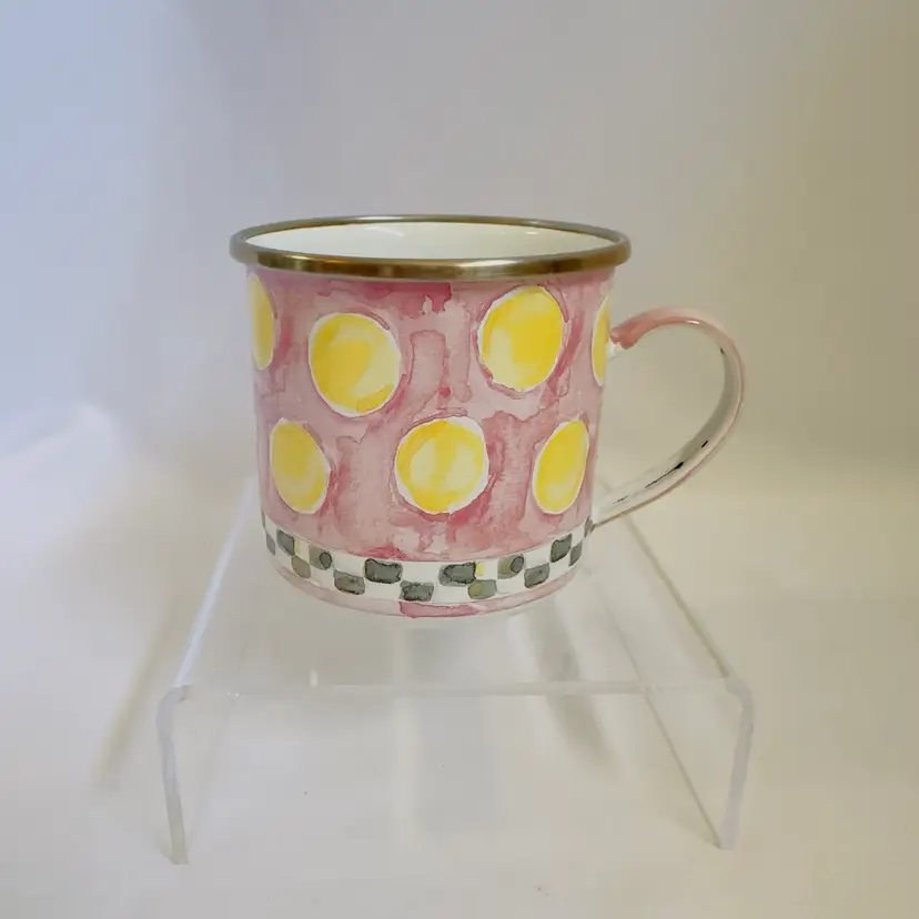 V1 Mackenzie-Childs Enamel Chicken Metal Cup Mug Checkered Dots Spots Colorful