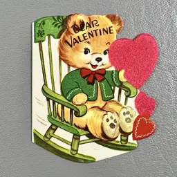Vintage Die Cut Valentine Card Bear Rocking Chair Hearts Your Rock My Heart 3.25"