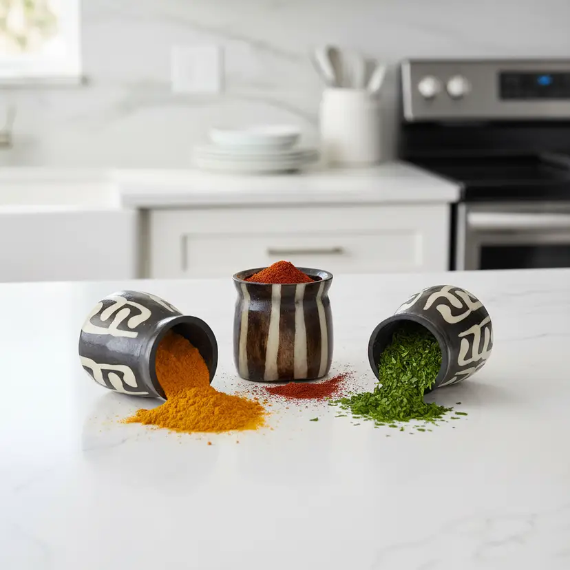 3 African Batik Polished Bone Spice Jars, 1.75" Tall