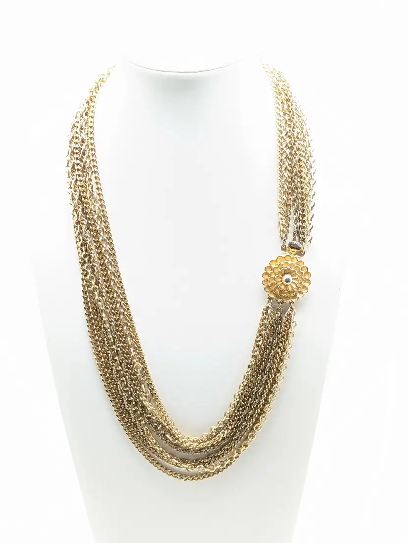 Vintage Multi-Strand Gold Tone Chain Necklace with Floral Clasp