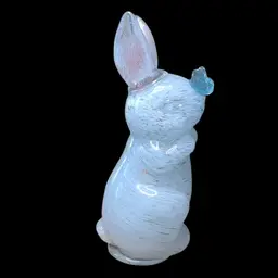 40. White Gold Glitter Art Glass Bunny Rabbit W/Blue Butterfly On Nose