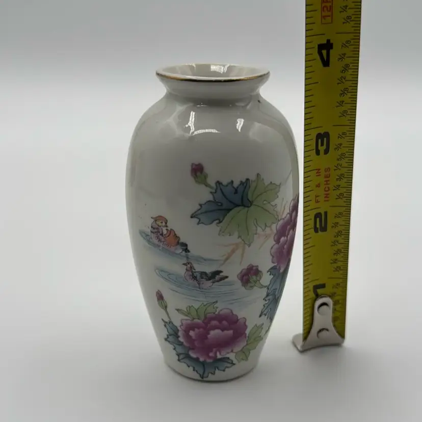 #19. Vintage Chinese Miniature Vase Flowers & Ducks Marked CHINA Old Bud Vase 3.75” Tall
