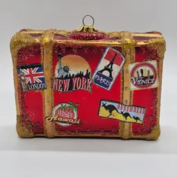Blown Glass Suitcase Ornament w/ stickers New York London Hawaii Paris Australia
