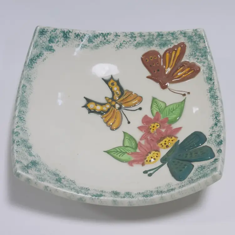 #1304 MCM Butterfly's Floral Square Ceramic Bowl Signed, Initialed
