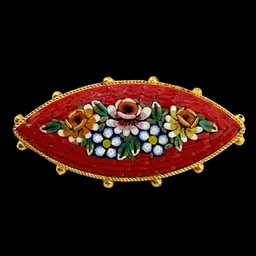 Cat Eye Red  Boarder Multicolor Flower Floral Garden Golden Balls Brooch Italy
