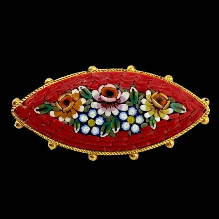 Cat Eye Red  Boarder Multicolor Flower Floral Garden Golden Balls Brooch Italy