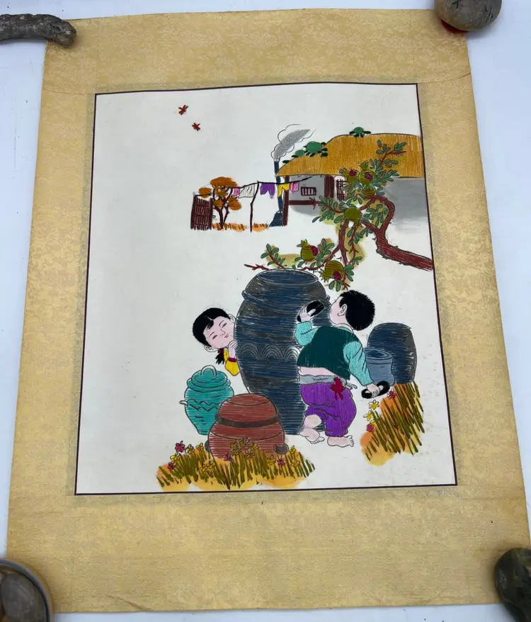 Vintage Korean Silk Embroidery Children With Onggi Jars Scroll 18.75 x 14.25 Art