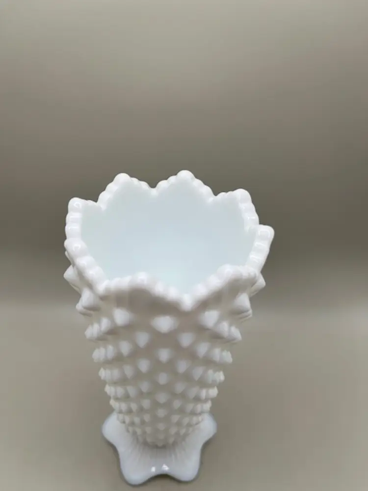 #02 Vintage Fenton White Milk Glass Sawtooth Hobnail Footed Vase