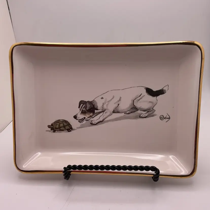 POW2 VTG Jack Russell Terrier Dog w/ Turtle Ceramic Trinket Dish by Delano Studios 7" x 5" 1962