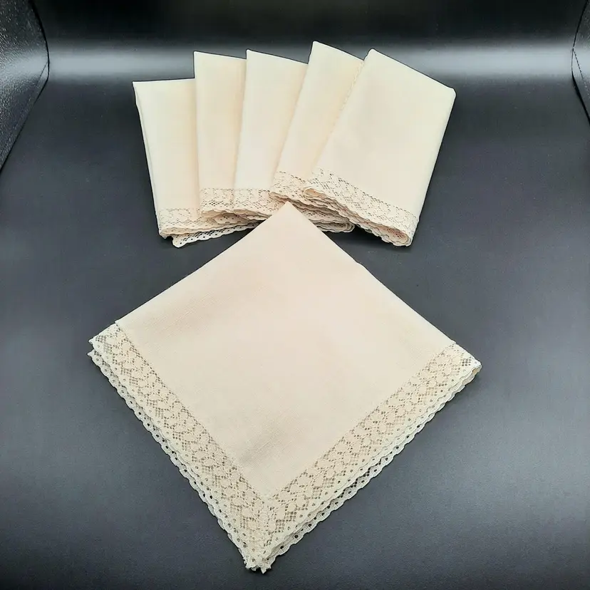 Vintage Linen Napkins Lace Border Trim Set Of 6 Beige