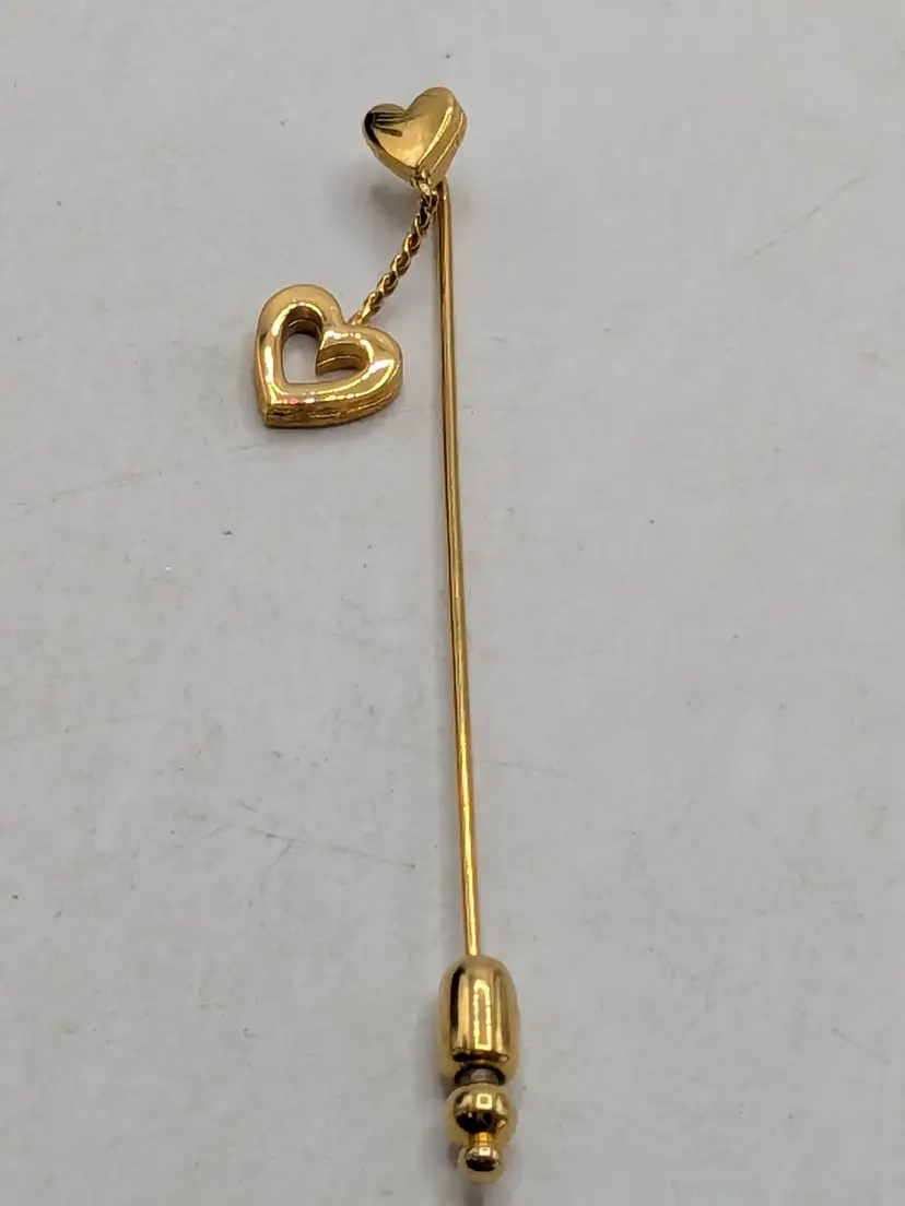 Gold Tone Heart Stick Pin with Dangling Charm