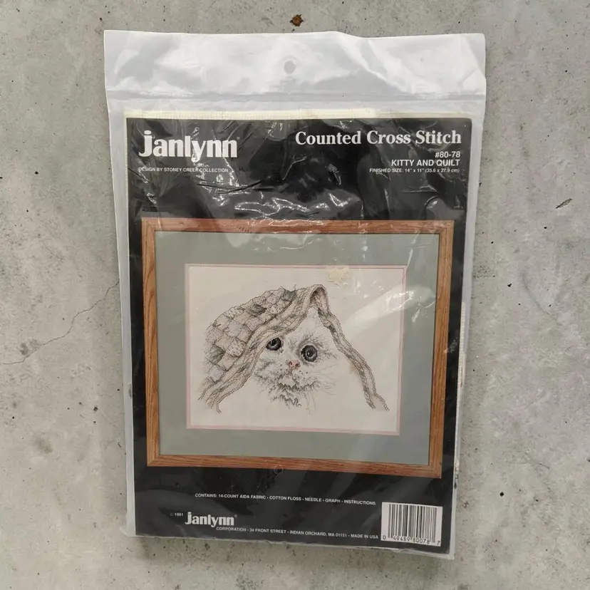 1991 Janlynn Counted Cross Stitch Kit Kitty and Quilt 80-78 Unopened 14x11 Cat