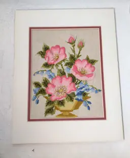 Vintage Floral Crewel Embroidery Matted Unframed 11" x 14" Handmade Cottage