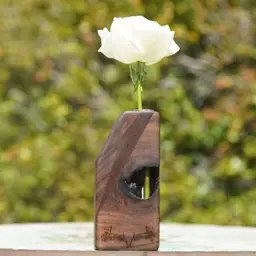 Walnut Wood Single Stem Vase featuring lily artwork by Miami tattoo artist Pooka (7" x 3.25" x 1.5")