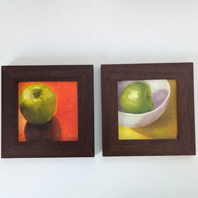 2 Original Oil Paintings Still Life Apple by Inna Ossokina Handmade Walnut Frame