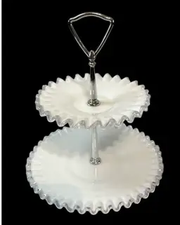 Vintage Fenton Art Glass Crimped Ruffle Silver Crest Tidbit Tray 2 Tier Tray