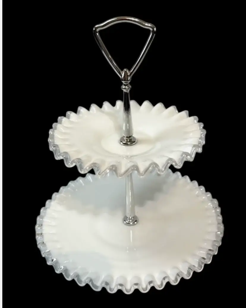 Vintage Fenton Art Glass Crimped Ruffle Silver Crest Tidbit Tray 2 Tier Tray