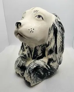 Vintage Pottery Cocker Spaniel Dog Coin Bank American Bisque Copely White Black