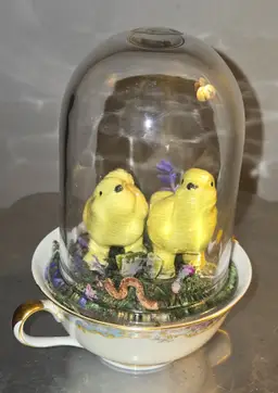 Vintage cup and chicks en cloche "Early Bird Stand-Off: The Worm"  Dome