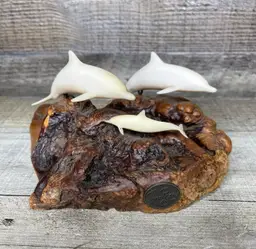 John Perry Sculpture Burl Wood Dolphin
Family White Resin Figure Decor