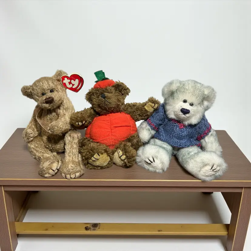 3 Assorted Ty Beanie Baby Birch Jointed Blue Sweater Halloween Pumpkin Bear
