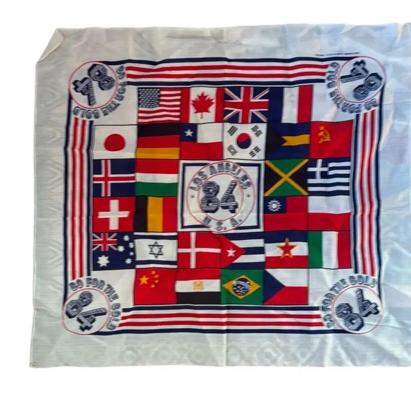 Vintage 1984 Olympics Souvenir Handkerchief Go For The Gold Country Flags USA