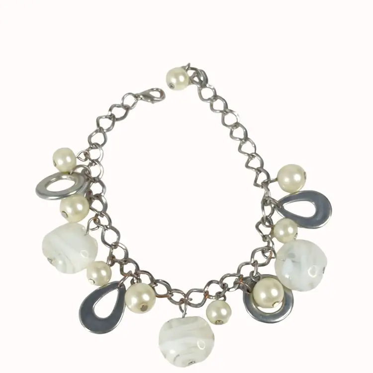 Vintage White Beaded Charm Bracelet With Faux Pearls & Metal Accents 8 Inches