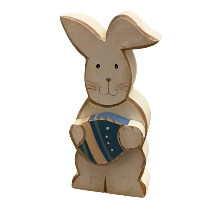 Wooden Folk Art Rabbit With An Easter Egg Statue 5 1/4β X 2β