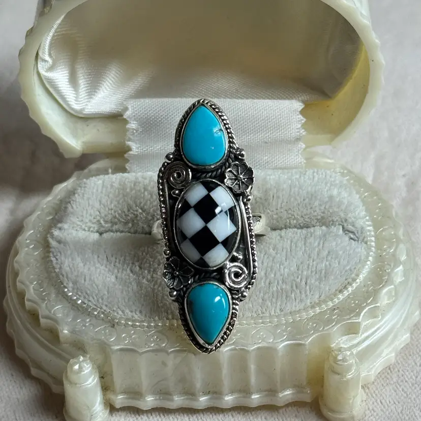 Sterling Silver Turquoise & Checkerboard Ring Size 8