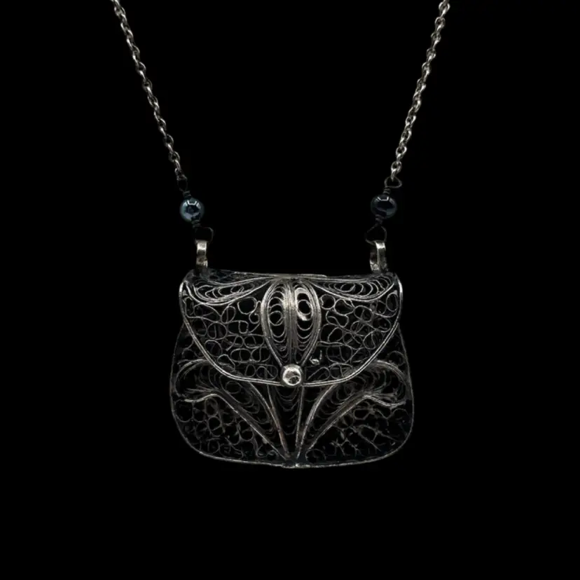 BTT - Vintage Silver Tone Filigree Mini Locket Purse Necklace - 32”