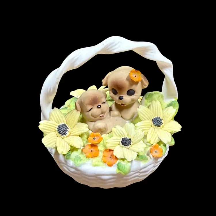 Josef Originals Georgian Fine Bone China, Basket Of Love, Bisque Puppy Figurine