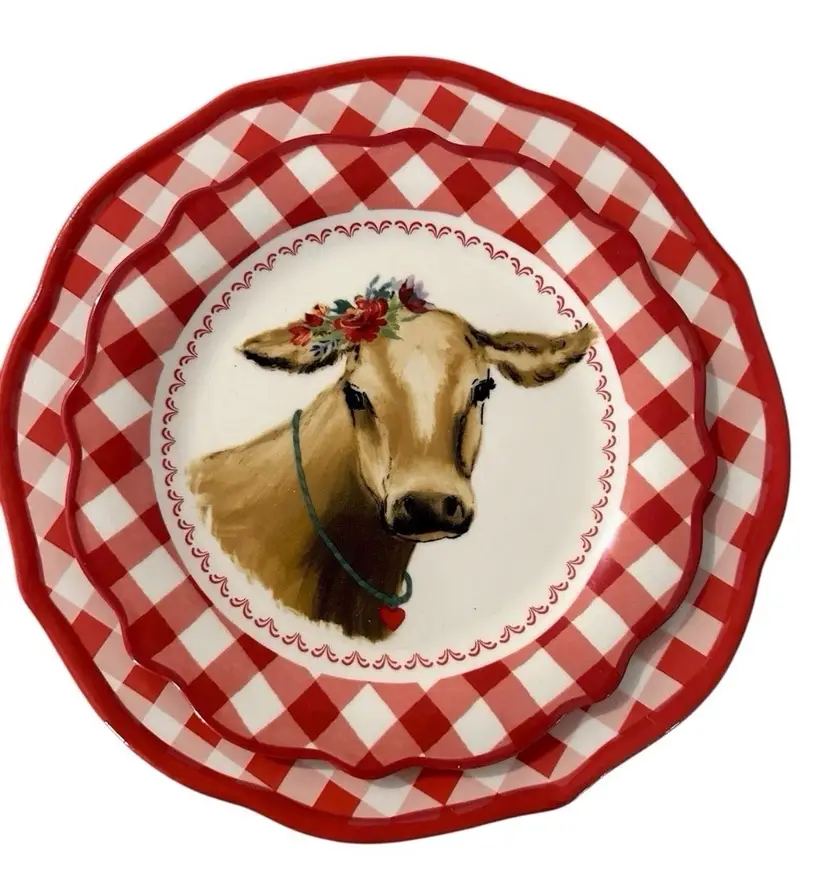 Pioneer Woman Red Gingham Cow Salad Plate 8.75” & Dinner Plate 10.75” Pair - NEW