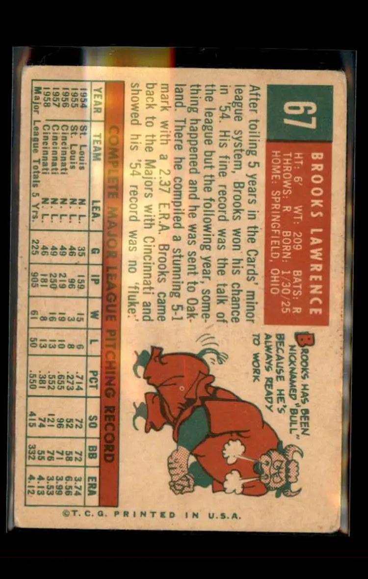 1959 Topps #67 Brooks Lawrence - (pk4) - Cincinnati Redlegs