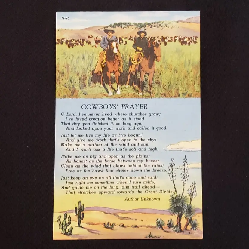 Postcard COWBOY'S PRAYER Unknown Author unused unposted Vintage
