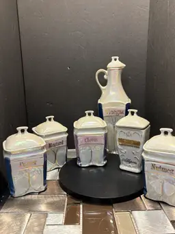 VINTAGE ANTIQUE GERMANY PORCELAIN 6 PIECE CANISTER & SPICE